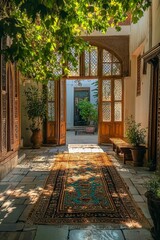 Wall Mural - Sunlit courtyard, ornate doors, patterned rug, potted plants.