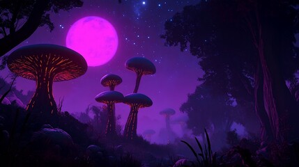 Poster - Glowing mushrooms in a fantasy forest under a pink moon at night.