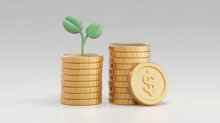 Aufkleber - Stacks of golden coins with a small plant growing, symbolizing financial growth and investment.