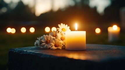 A stone war memorial adorned with flowers and flickering candles creates a poignant remembrance scene