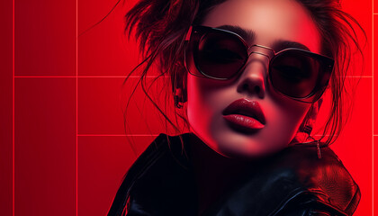 Wall Mural - backdrop of a model in lether jacket on red backgroound