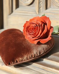 Wall Mural - Red rose on heart pillow, wooden surface.