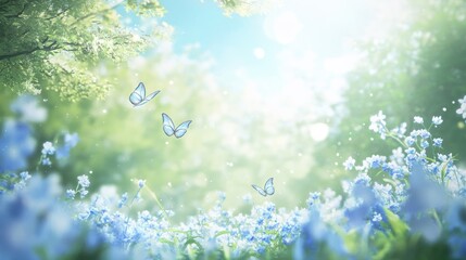 Wall Mural - Serene Spring Meadow: Butterflies Dance Among Blue Forget-Me-Nots