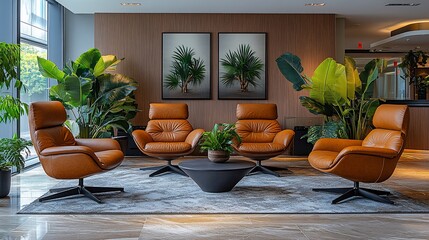 Wall Mural - Modern Lounge Area With Leather Chairs And Tropical Plants