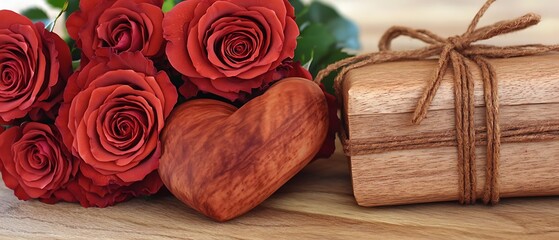 Wall Mural - Red roses, heart, gift box on wooden surface.