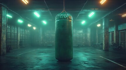 Wall Mural - a boxing ring with a green punching bag in the center