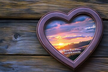 heart-shaped picture frame, holding a beautiful, sunset landscape, with a best friend forever messag