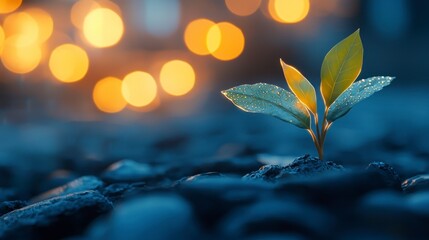 Wall Mural - Small sprout growing from dark soil, illuminated by warm bokeh lights.