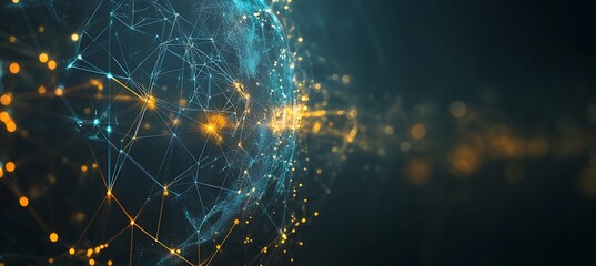 A futuristic image of a digital globe with interconnected business hubs, set against a dark background with glowing elements