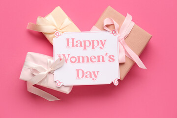 Poster - Festive postcard with gift boxes on pink background. Happy Women's Day