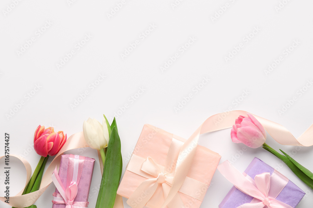 Gift boxes with tulips on white background. Happy Women's Day