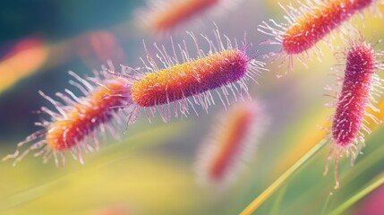 Wall Mural - close-up view of colorful bacteria with hair-like structures in a vibrant environment.