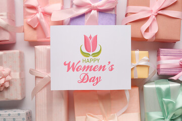 Poster - Festive postcard with gift boxes on white background. Happy Women's Day