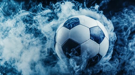 Soccer ball engulfed in blue smoke. (2)