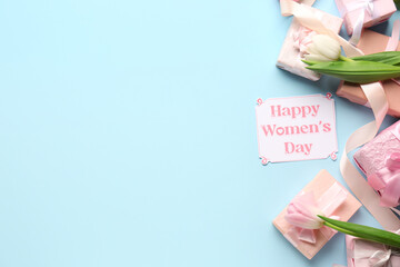 Poster - Festive postcard with gift boxes and tulips on blue background. Happy Women's Day