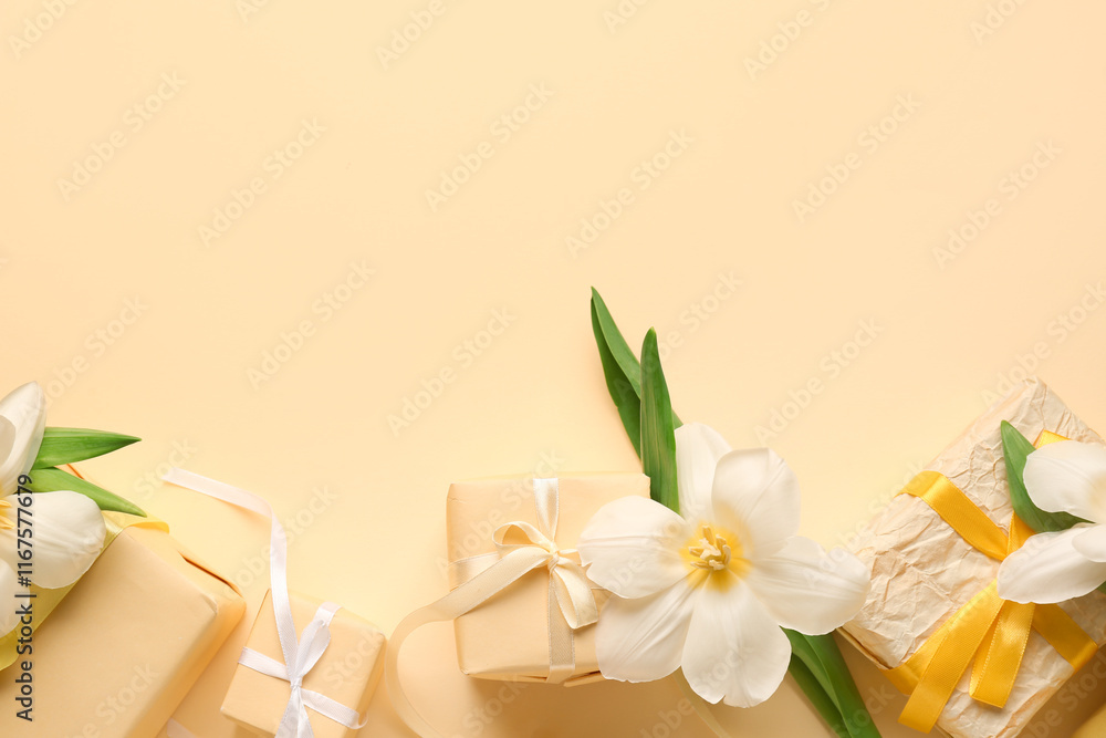 Gift boxes with flowers on beige background. Happy Women's Day