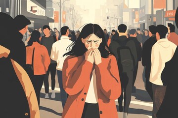 Wall Mural - A woman experiencing a panic attack in a busy city street, surrounded by a crowd yet feeling isolated and overwhelmed. Generated image 