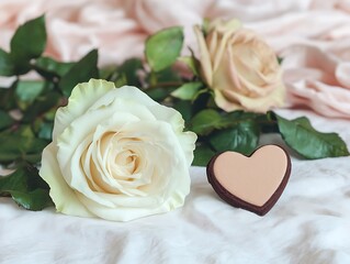 Wall Mural - Roses and heart cookie on soft pink fabric.