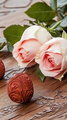 Wall Mural - Roses and patterned chocolates on wooden surface.