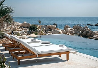 An outdoor poolside with wooden sun loungers and white cushions overlooking the sea, capturing an elegant seaside setting.