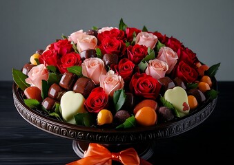 Wall Mural - Roses, chocolates, and leaves in a dark brown ornate bowl.