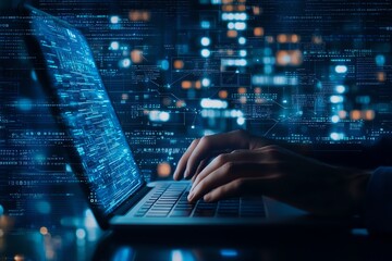 close-up of hands typing on a laptop keyboard with digital code overlay. represents concepts of codi