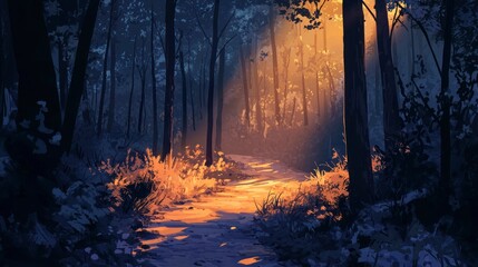 Wall Mural - Sunlit path through a dark forest.