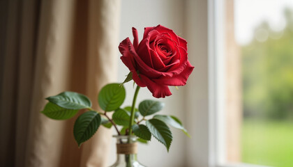 Elegant red rose in vase by window, beauty and symbolism