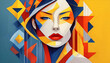 © Bibou Design - Beauty, fine art, fashion concept. Abstract modern art collage of woman portrait made of various and colorful geometric shapes. Generative AI