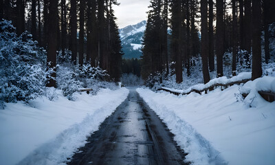 Wall Mural - Snow covered road leading to a mountain forest