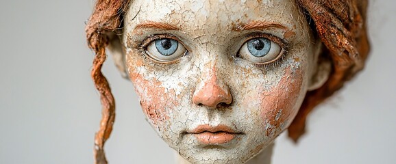 Close-up of a girl's sculpted face with textured skin, blue eyes, and red hair.