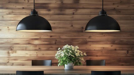 Wall Mural - Modern dining area with pendant lighting and wooden wall decor