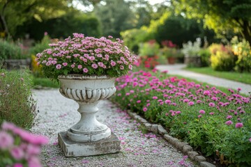 Beautiful pink flowers in a decorative pot illuminated by warm sunlight in a vibrant garden