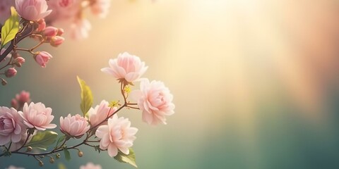 Wall Mural - Delicate pink flowers bloom in soft light. Romantic spring scene with blossoming tree branch. Nature beauty and floral background with copy space for text