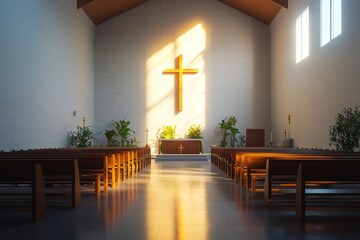 Wall Mural - Sunlight illuminating cross in modern church interior