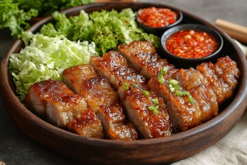 Wall Mural - Delicious grilled pork belly slices served with fresh napa cabbage and spicy dipping sauces