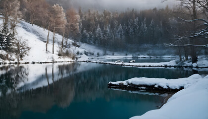 Wall Mural - Turquoise lake reflecting snowy forest on sunny winter day