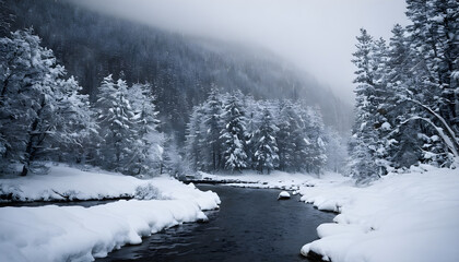 Wall Mural - River flowing through snow covered forest in winter