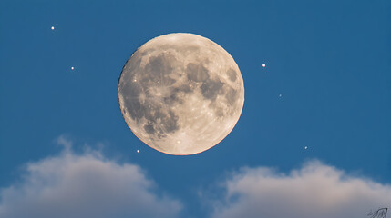full moon in a blue night sky with clouds and stars. glowing, liquid, shiny, fantasy, horizontal, no