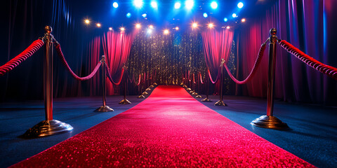 Elegant Red Carpet Event at Night with Velvet Ropes and Stage Lights