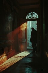 Poster - Silhouette stands, doorway light, decaying interior.