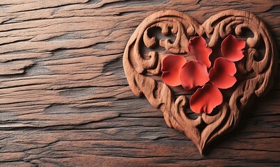 Wall Mural - Wood heart with red petals on wooden surface.