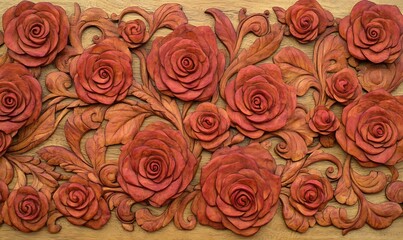 Wall Mural - Wooden carvings of roses and leaves.