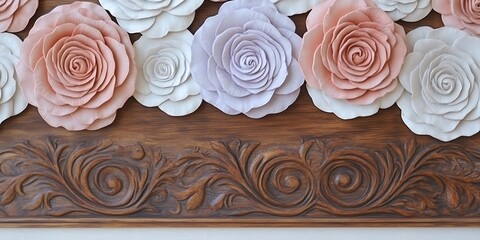 Wall Mural - Wooden carving with soft rose flowers.