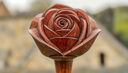 Wall Mural - Wooden rose carving with blurred building background.