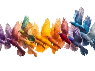 Wall Mural - Distant flock of Rainbow Pigeons imaginary with colorful underwings creating a striking visual flying high in the sky isolated on a bright white background