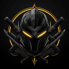 Wall Mural - A stylized black helmet with glowing eyes, surrounded by crossed swords on a dark background.