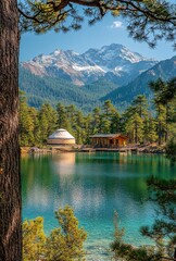 Wall Mural - Beautiful mountain lake surrounded by trees with a quaint building reflecting on the water surface