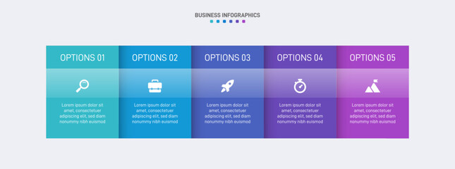 Wall Mural - Horizontal progress bar featuring 5 arrow-shaped elements, symbolizing the five stages of business strategy and progression. Clean timeline infographic design template. Vector for presentation