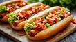 © AmStock - Delicious Hot Dogs with Fresh Toppings on Wooden Board